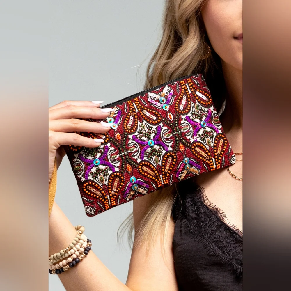 Handmade Hand Beaded & Sequined Wristlet Clutch - Unique Ethnic Inspired Pattern - Picture 6 of 6